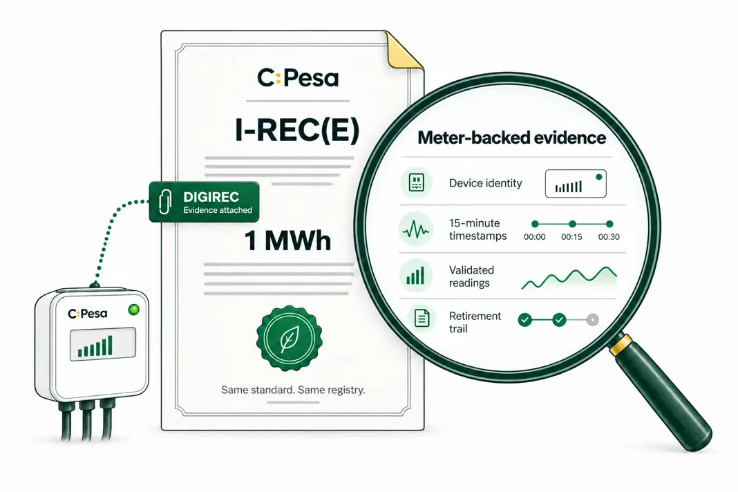 DIGIREC certificate with meter-backed evidence under a magnifying glass